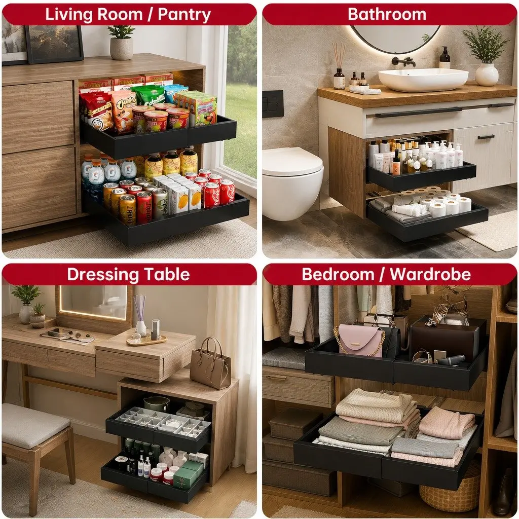 Pull Out Cabinet Organizer Heavy Duty Expandable Slide Out Shelves Black 2 Pack