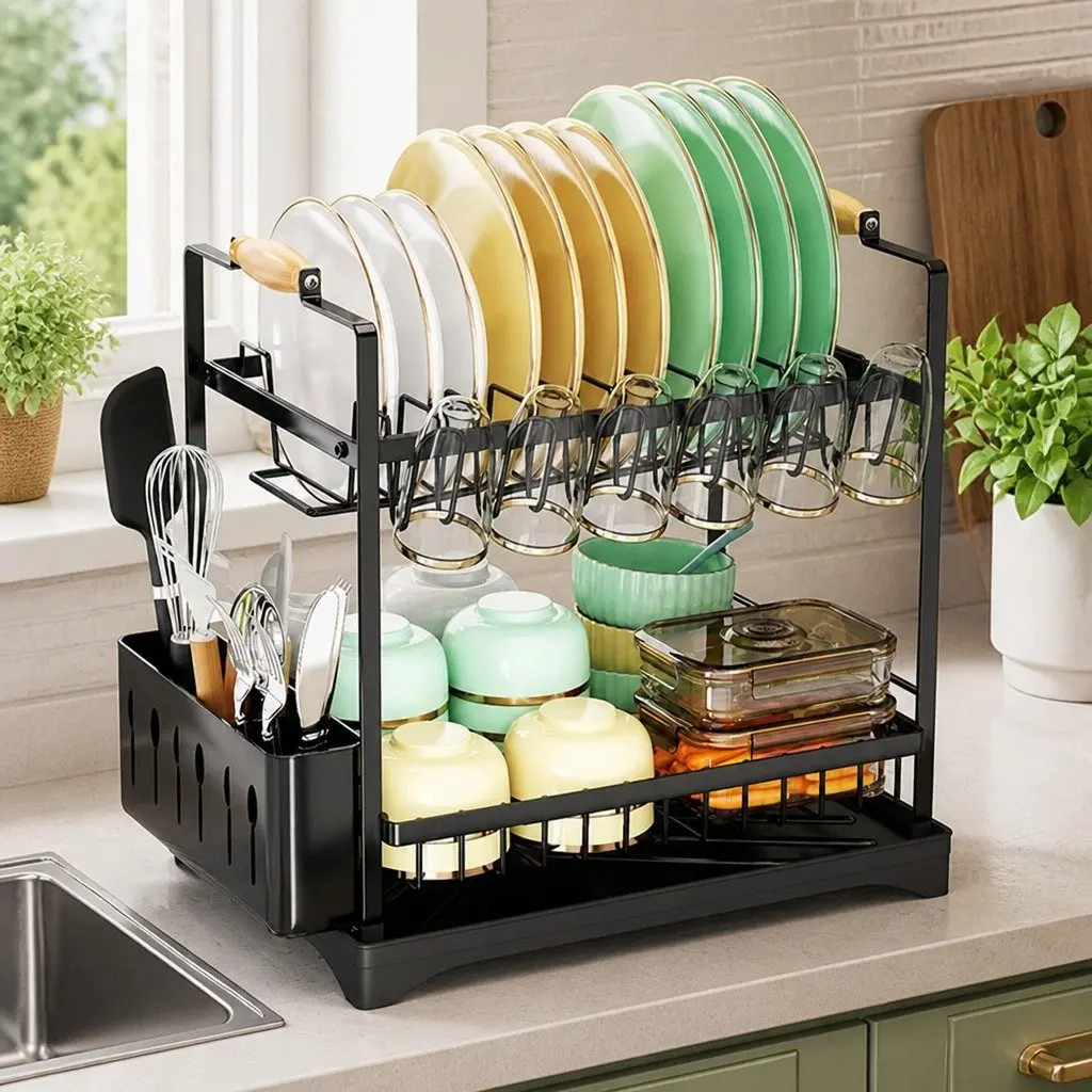 2-Tier Dish Drying Rack with Integrated Utensil Holder