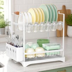 2-Tier Dish Drying Rack Large Kitchen Drainboard Utensil Holder Glass Hooks
