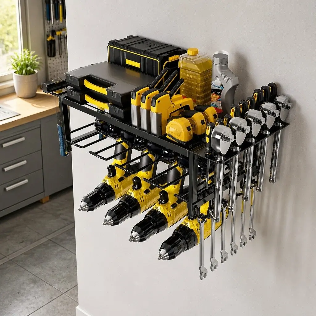 2-Tier Wall Mount Power Tool Rack Organizer Drill Holder Wrench Hooks Workshop