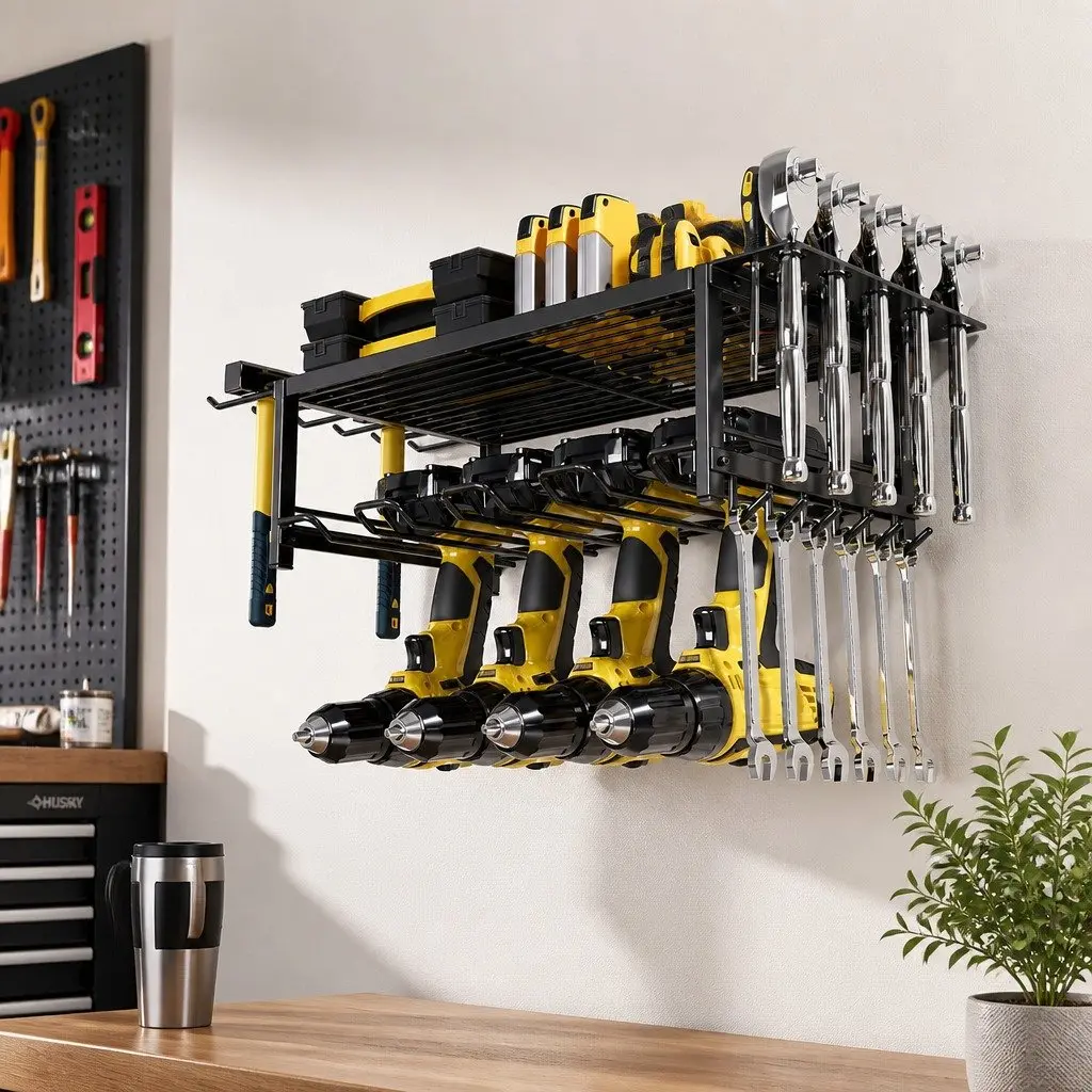 2-Tier Wall Mount Power Tool Rack Organizer Drill Holder Wrench Hooks Workshop
