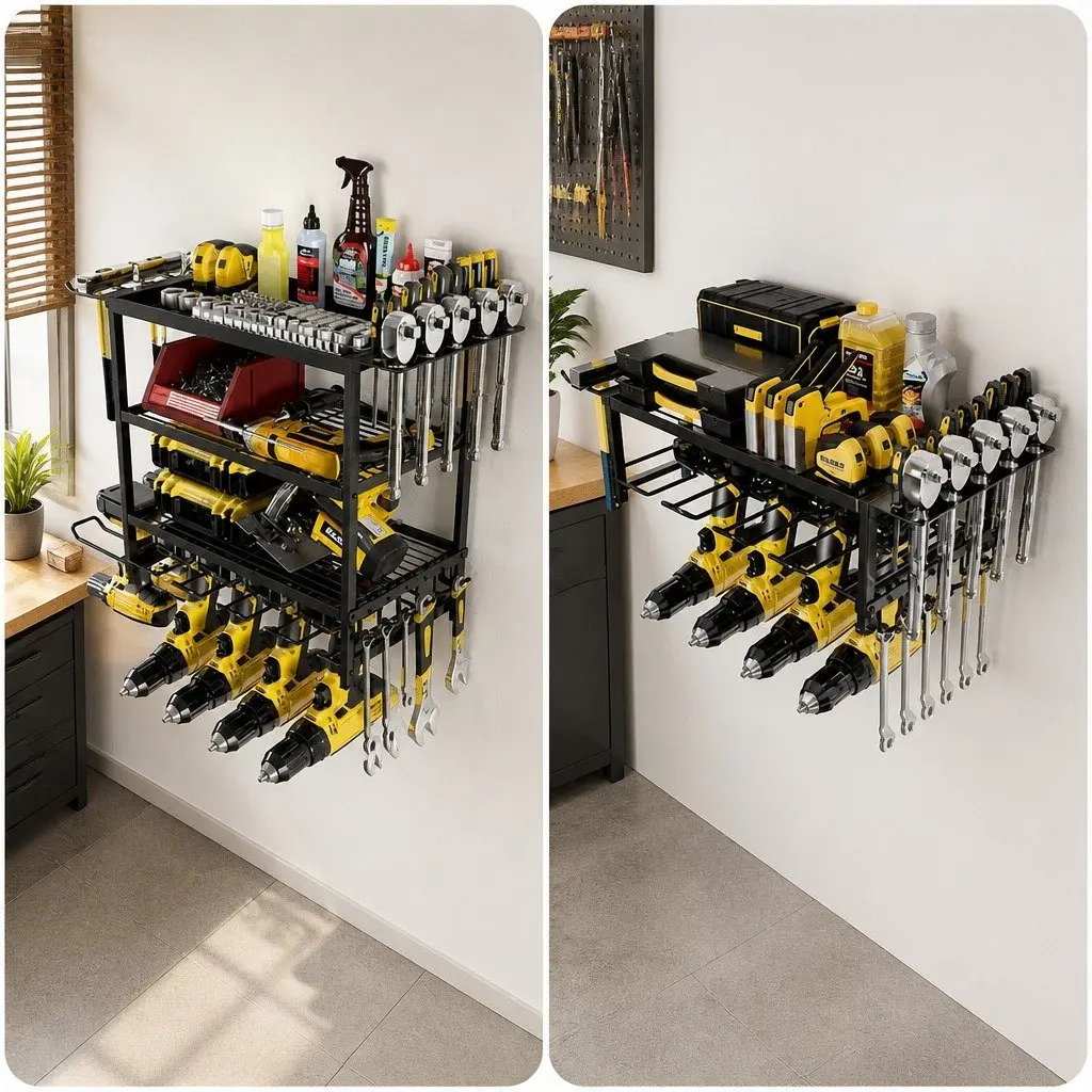 2-Tier Wall Mount Power Tool Rack Organizer Drill Holder Wrench Hooks Workshop
