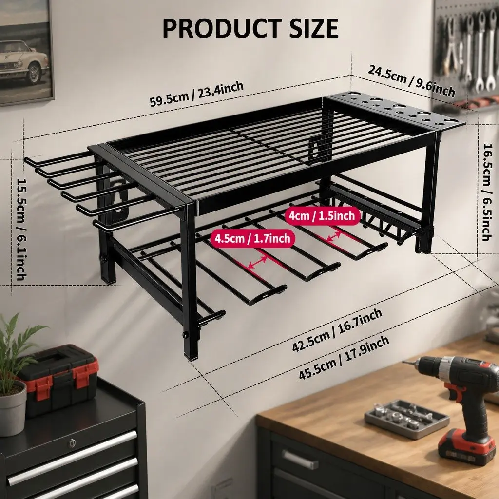 2-Tier Wall Mount Power Tool Rack Organizer Drill Holder Wrench Hooks Workshop