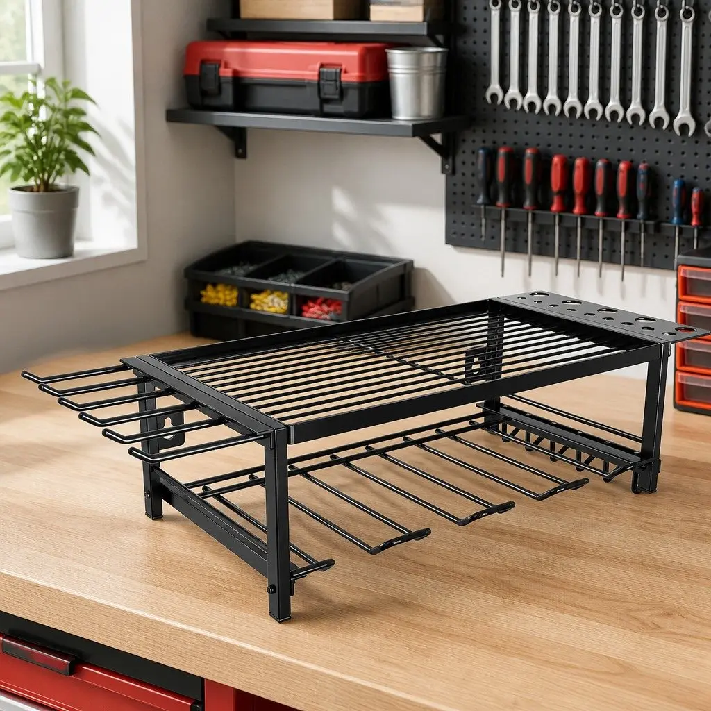 2-Tier Wall Mount Power Tool Rack Organizer Drill Holder Wrench Hooks Workshop
