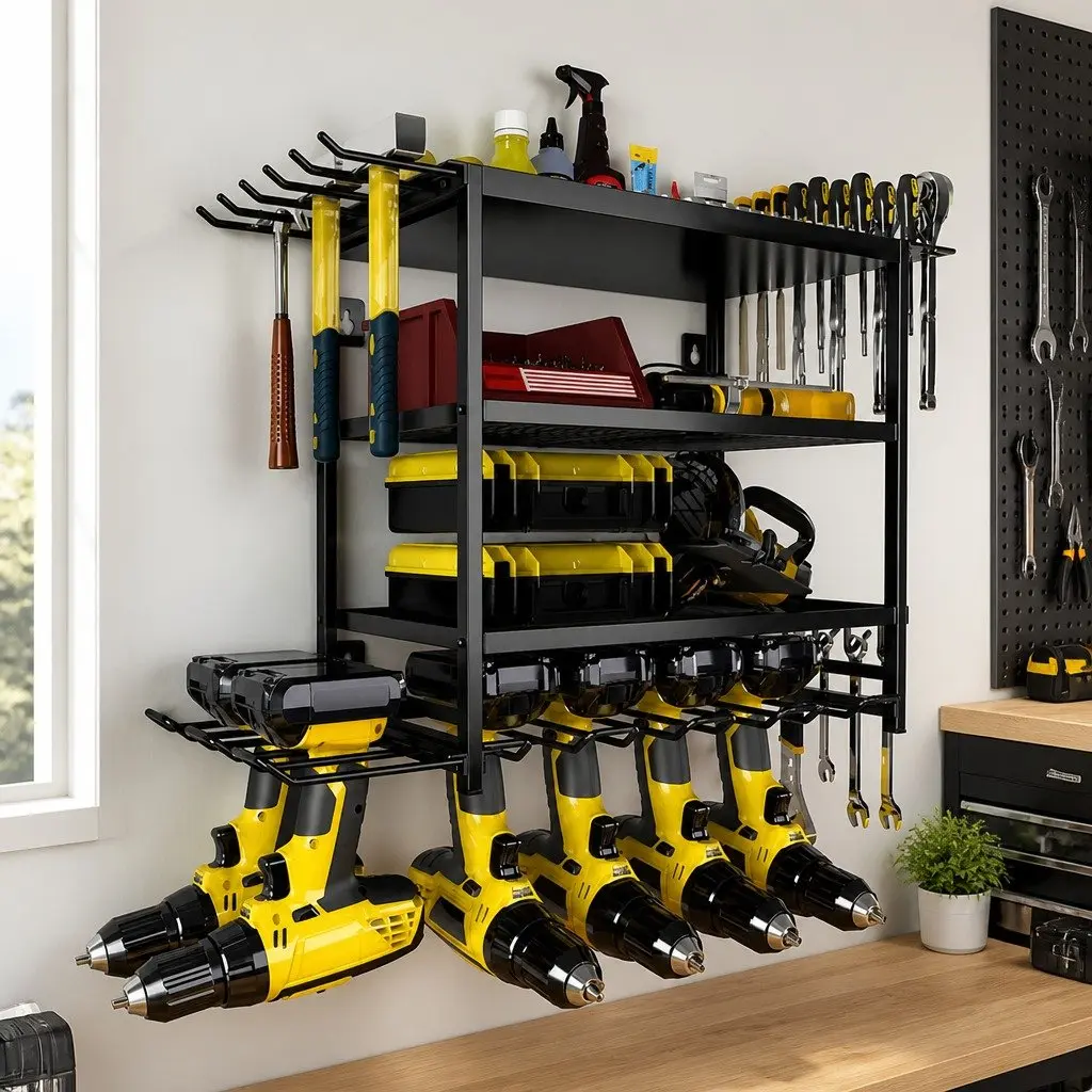 4-Tier Wall Mount Power Tool Organizer Rack Heavy-Duty Metal 25 x 42 x 60 cm Black