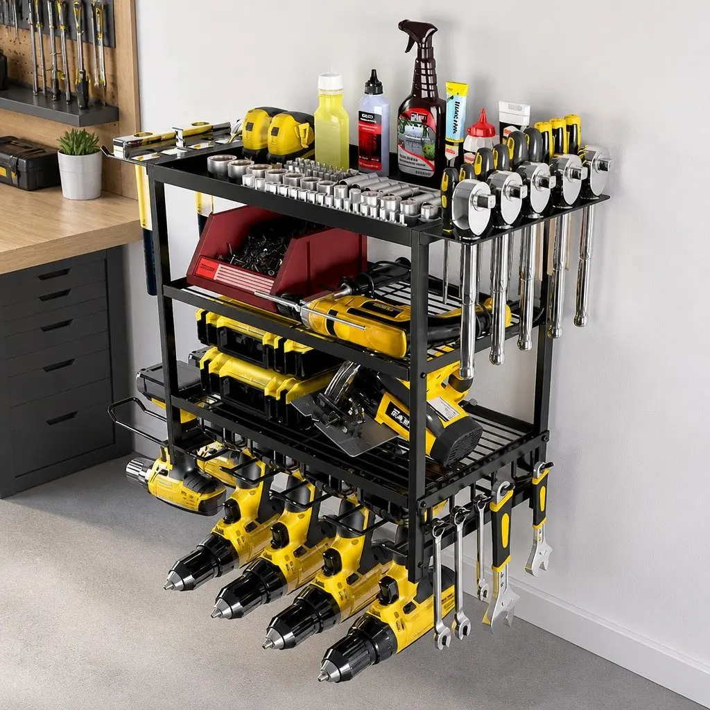 4-Tier Wall Mount Power Tool Organizer Rack Heavy-Duty Metal 25 x 42 x 60 cm Black