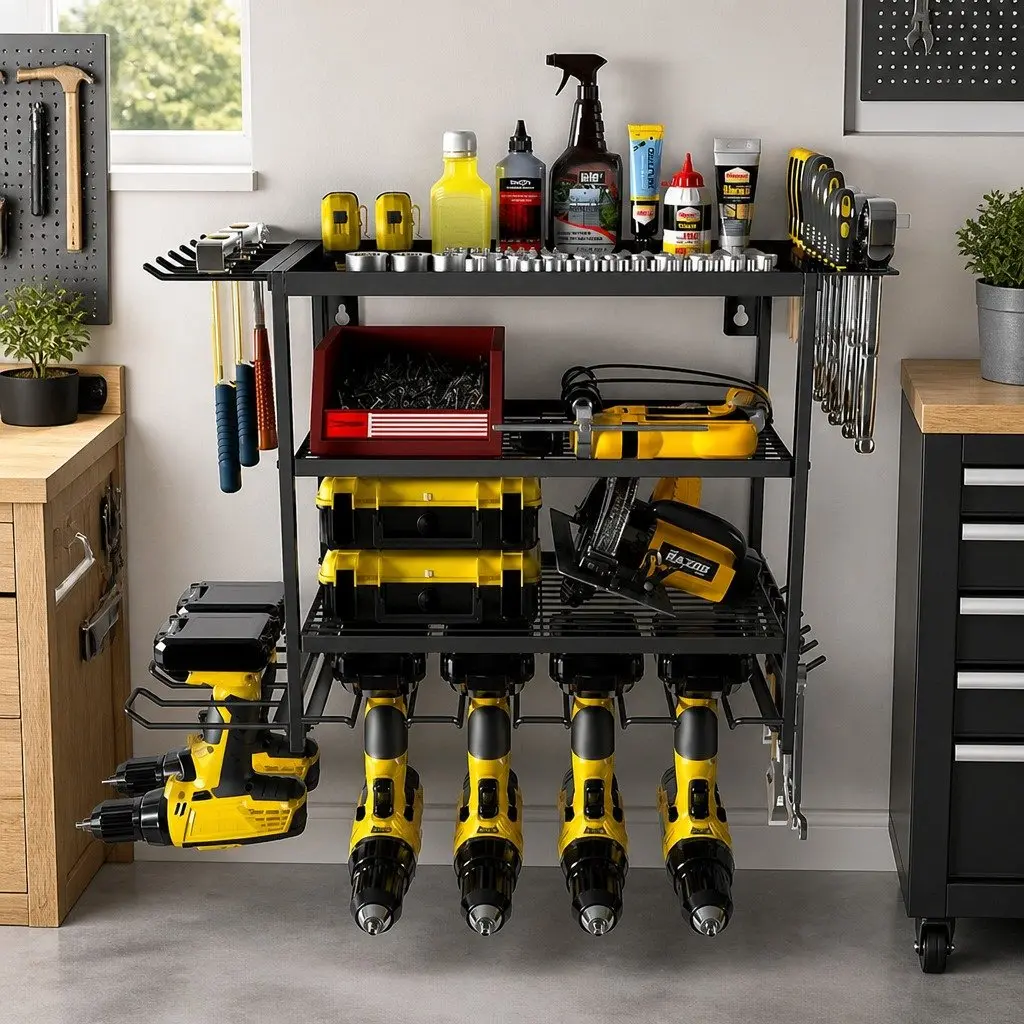 4-Tier Wall Mount Power Tool Organizer Rack Heavy-Duty Metal 25 x 42 x 60 cm Black
