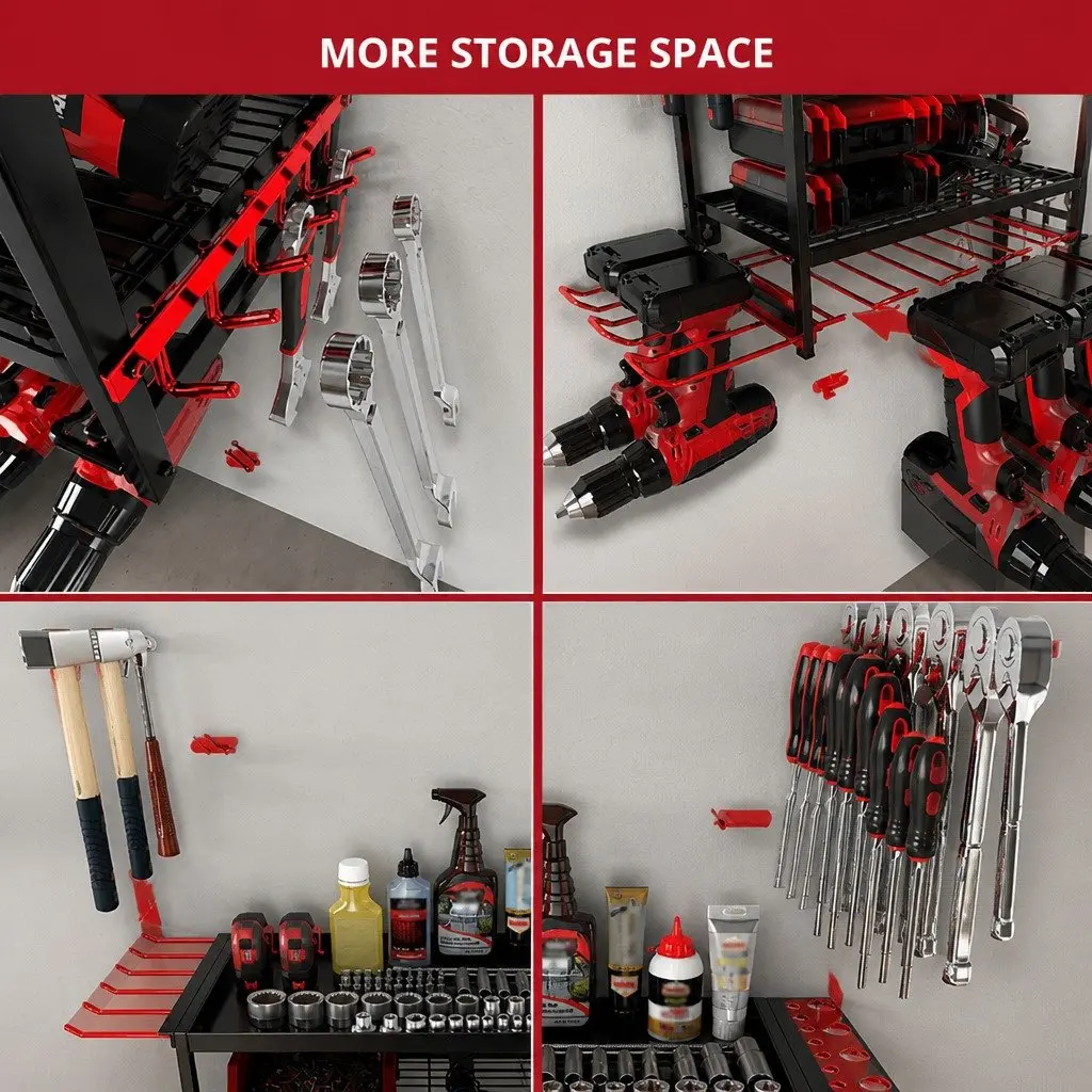 4-Tier Wall Mount Power Tool Organizer Rack Heavy-Duty Metal 25 x 42 x 60 cm Black