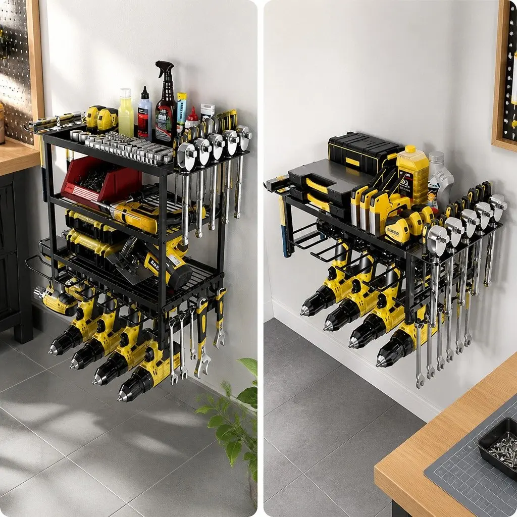4-Tier Wall Mount Power Tool Organizer Rack Heavy-Duty Metal 25 x 42 x 60 cm Black
