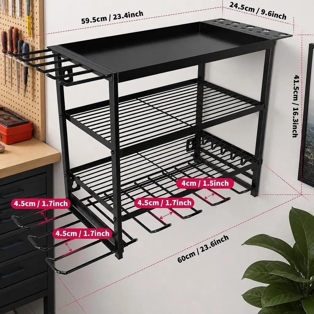 4-Tier Wall Mount Power Tool Organizer Rack Heavy-Duty Metal 25 x 42 x 60 cm Black