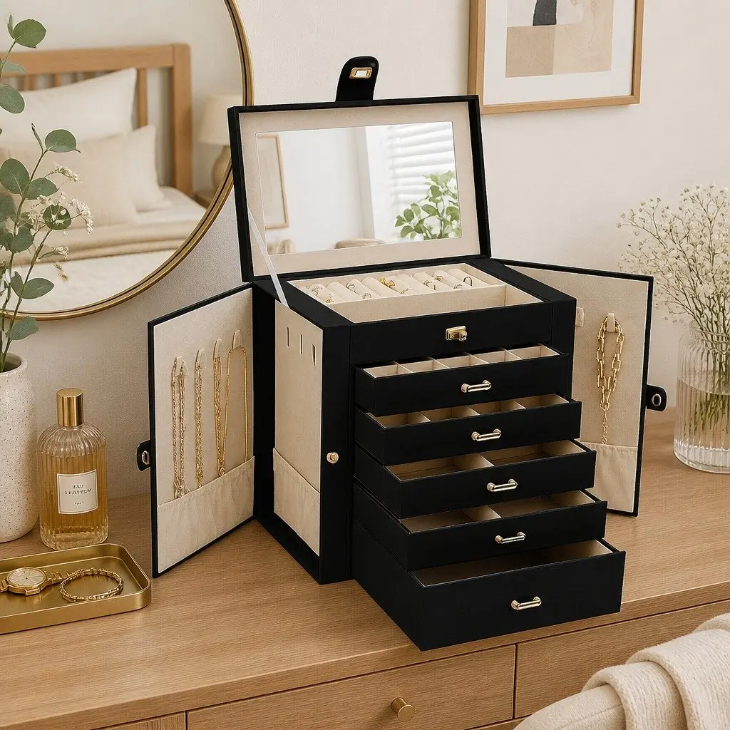 Jewelry Box Wood PU Leather 6 Drawers Black