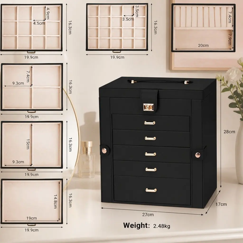Jewelry Box Wood PU Leather 6 Drawers Black