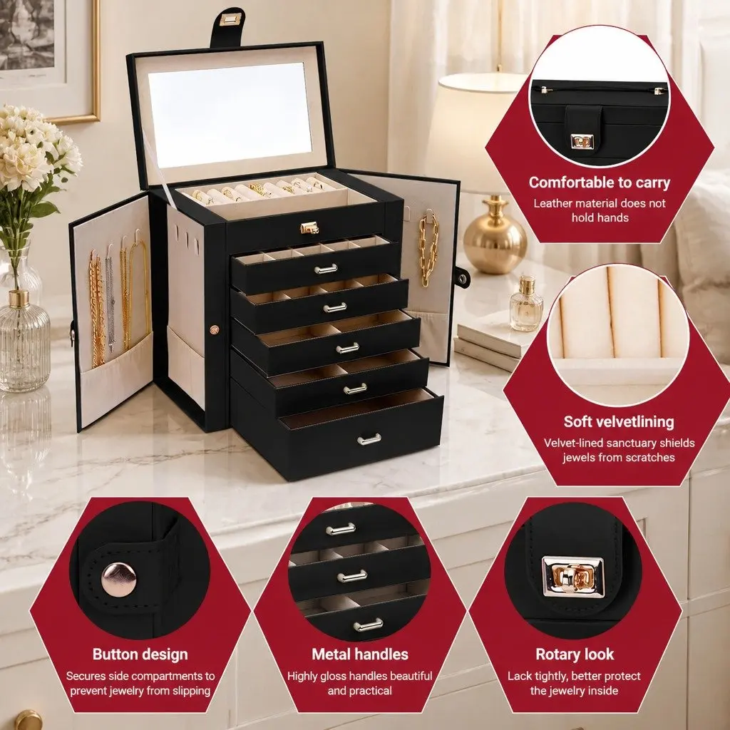 Jewelry Box Wood PU Leather 6 Drawers Black