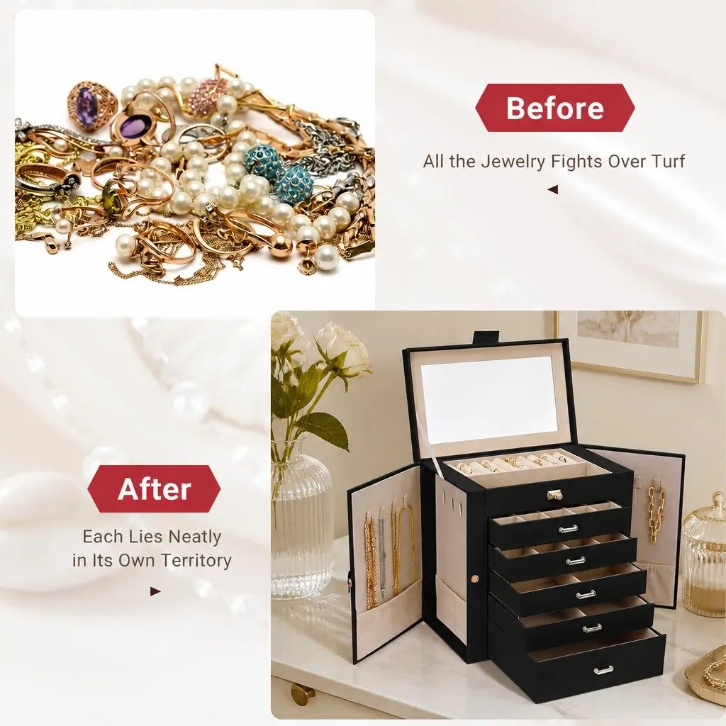 Jewelry Box Wood PU Leather 6 Drawers Black