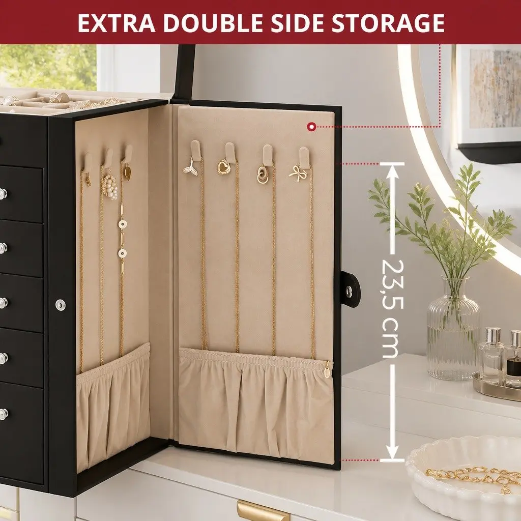Jewelry Box Wood PU Leather 6 Drawers Black