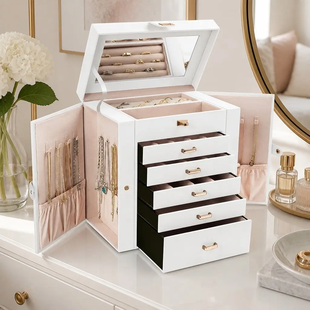 Large 6-Layer Jewelry Organizer with Mirror & Lock