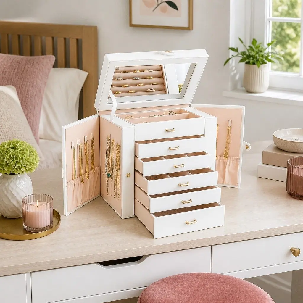 Large 6-Layer Jewelry Organizer with Mirror & Lock