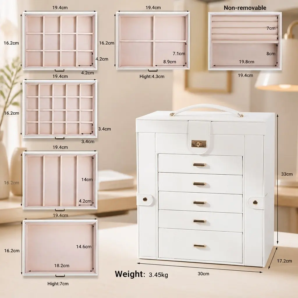 Large 6-Layer Jewelry Organizer with Mirror & Lock
