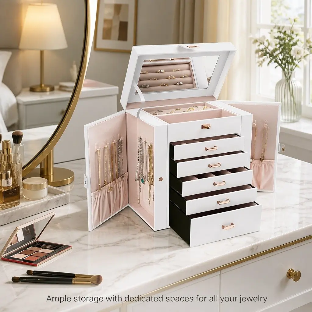 Large 6-Layer Jewelry Organizer with Mirror & Lock