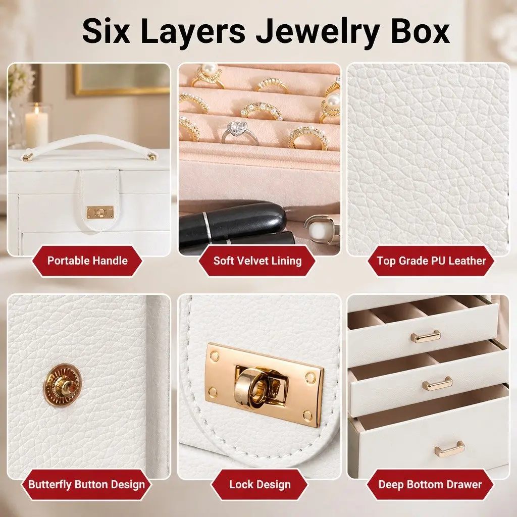 Large 6-Layer Jewelry Organizer with Mirror & Lock