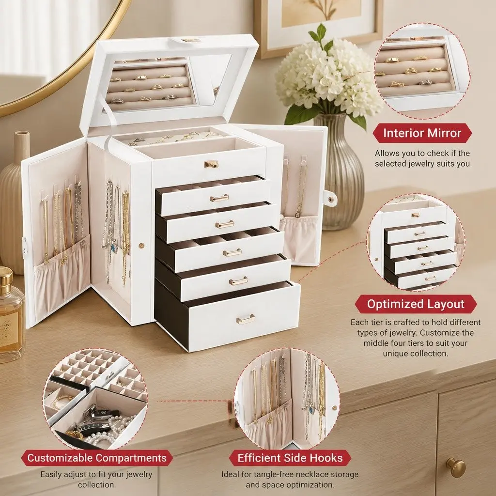 Large 6-Layer Jewelry Organizer with Mirror & Lock