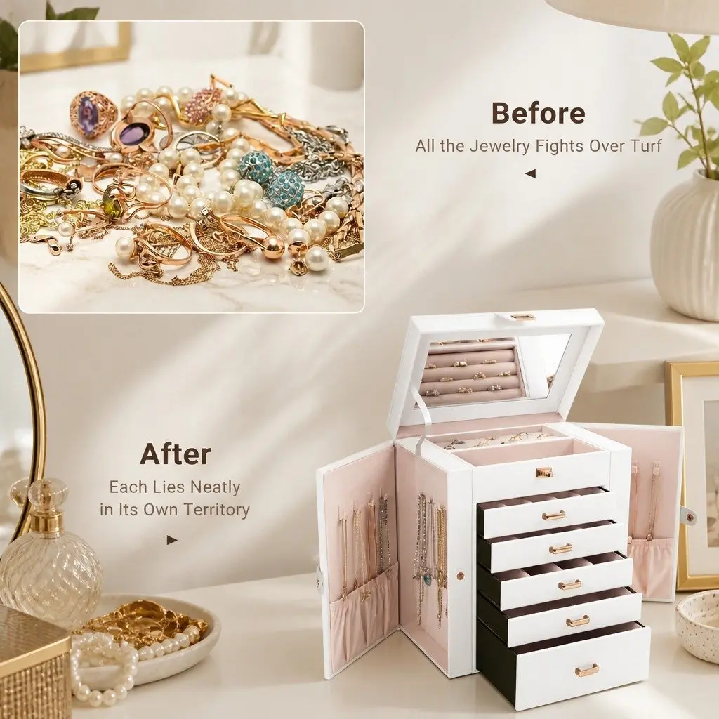 Large 6-Layer Jewelry Organizer with Mirror & Lock