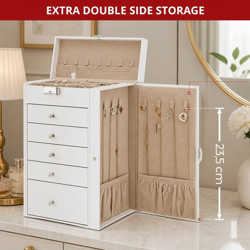 Large 6-Layer Jewelry Organizer with Mirror & Lock