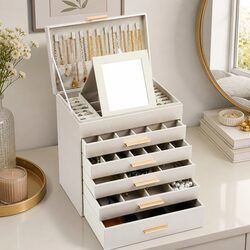 Premium Large Jewelry Organizer Box with Mirror and Hooks