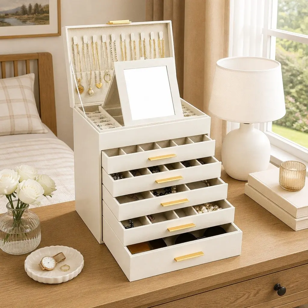Large Jewelry Organizer Box with Mirror and Hooks