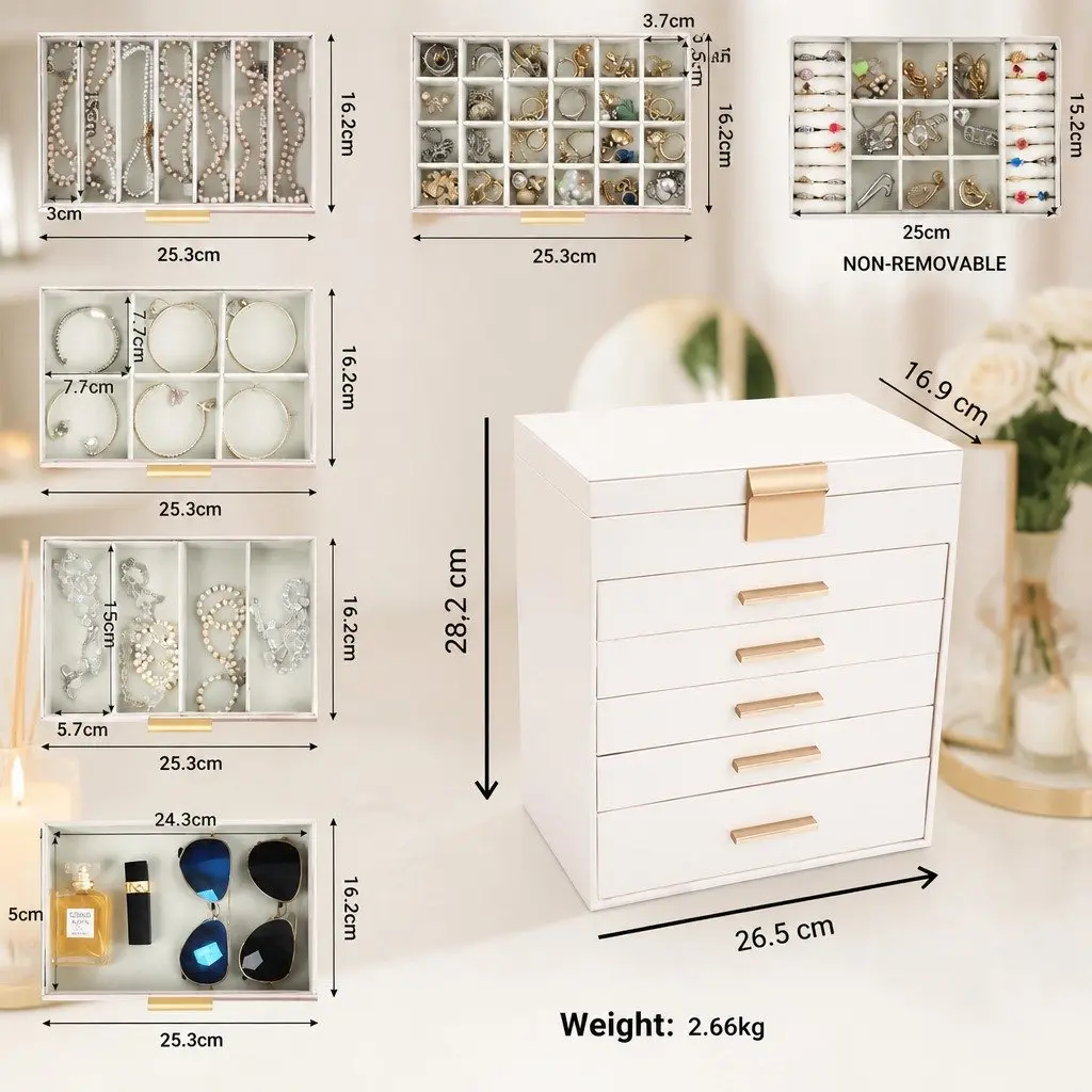 Large Jewelry Organizer Box with Mirror and Hooks
