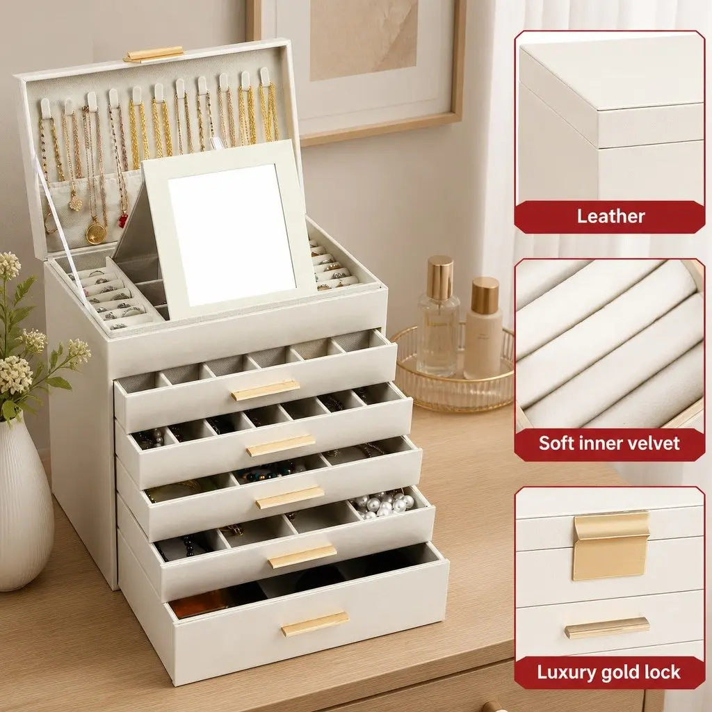 Large Jewelry Organizer Box with Mirror and Hooks