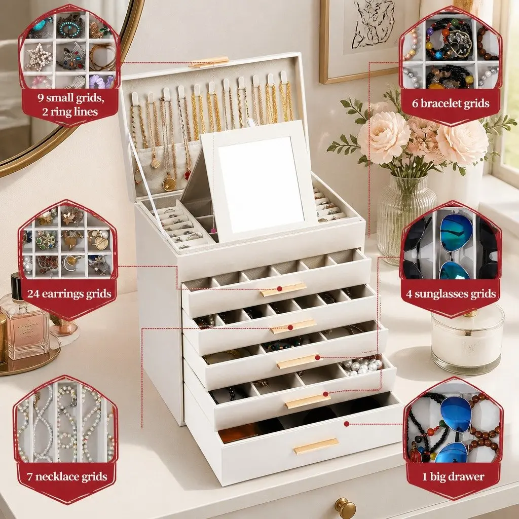 Large Jewelry Organizer Box with Mirror and Hooks