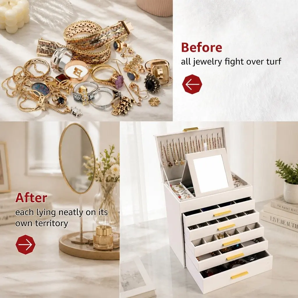 Large Jewelry Organizer Box with Mirror and Hooks