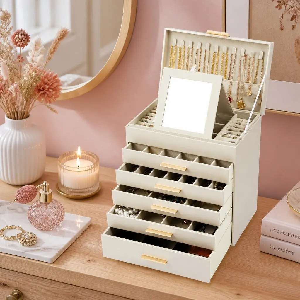 Large Jewelry Organizer Box with Mirror and Hooks