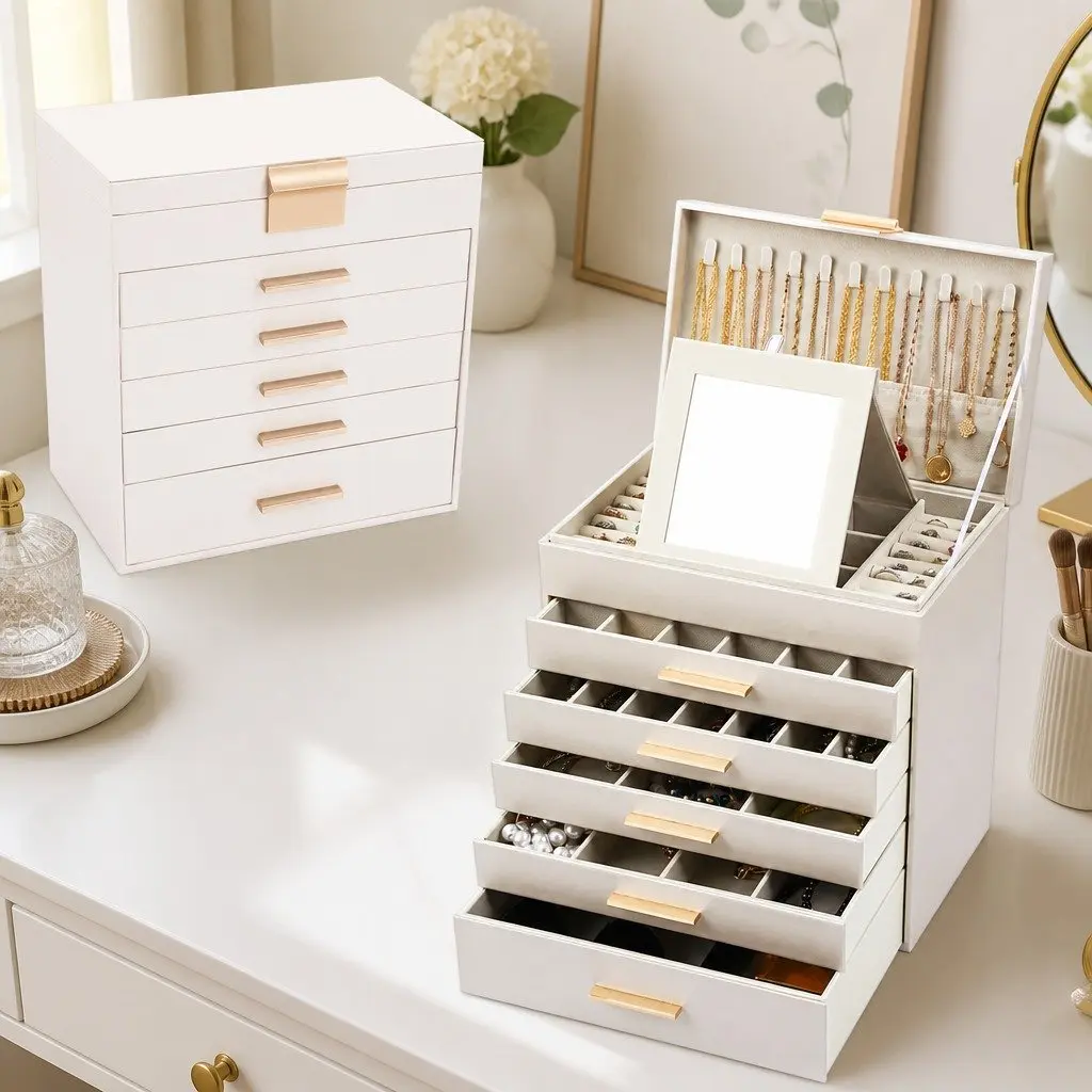 Large Jewelry Organizer Box with Mirror and Hooks