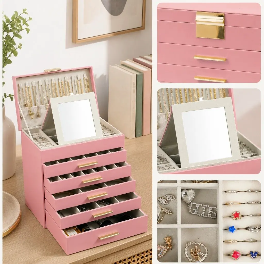 6-Layer Jewelry Organizer Box with Mirror