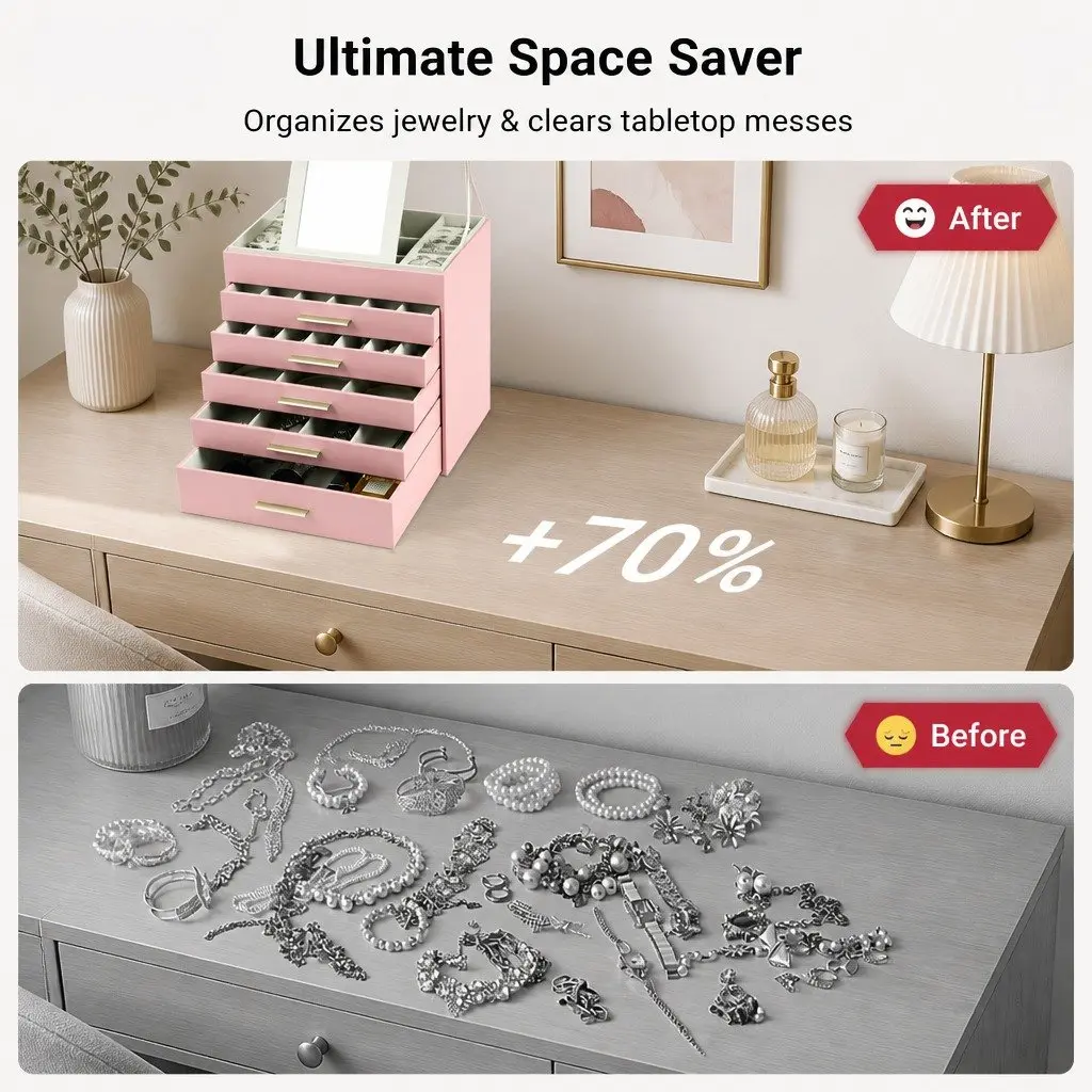 6-Layer Jewelry Organizer Box with Mirror