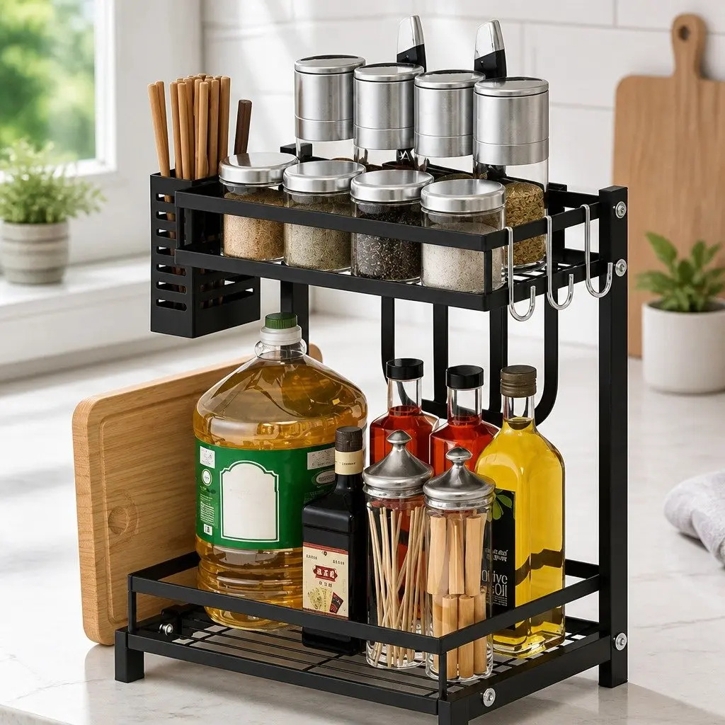 2-Tier Spice Rack Organizer with Hooks
