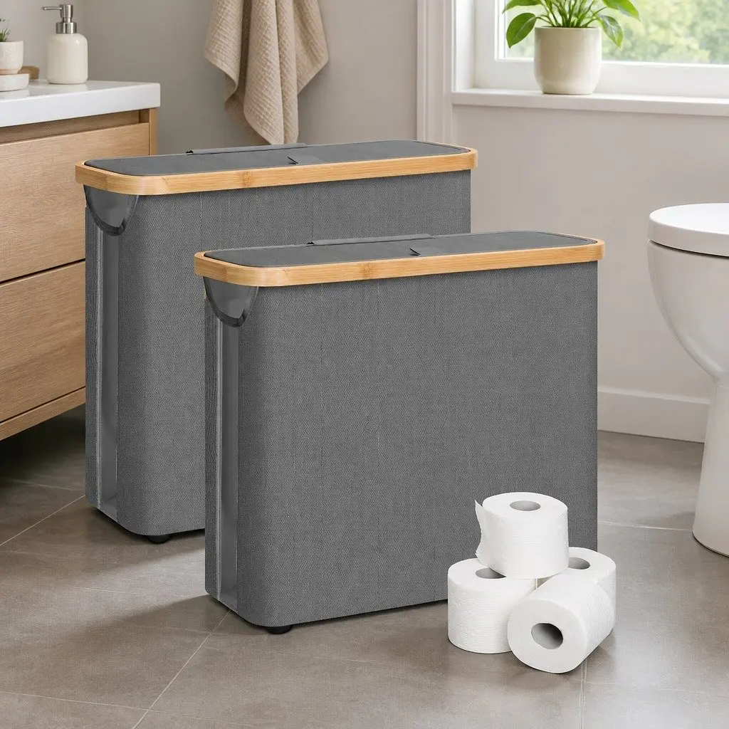 Bamboo Lid Toilet Paper Storage Baskets, 2-Pack