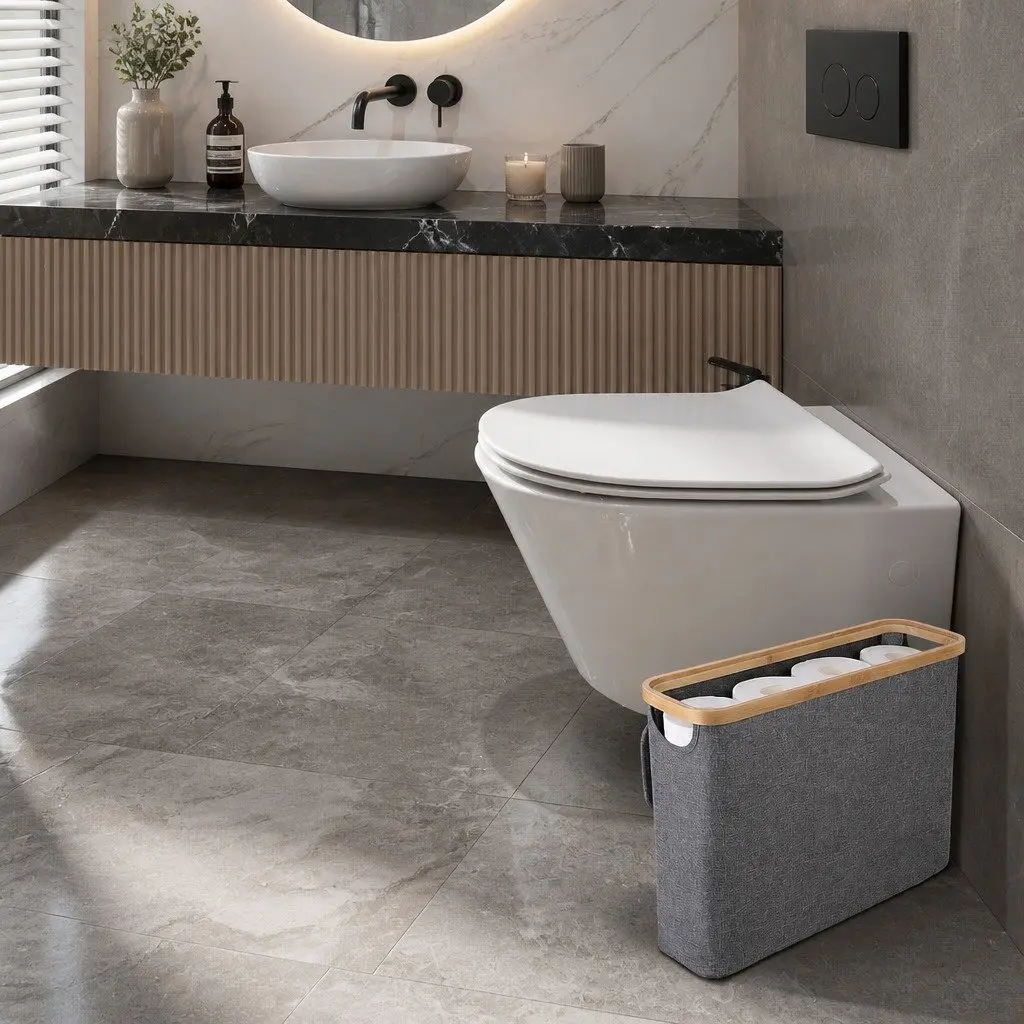 Toilet Paper Storage Basket Oxford Cloth Grey 2 Pack Bamboo Lid Handle