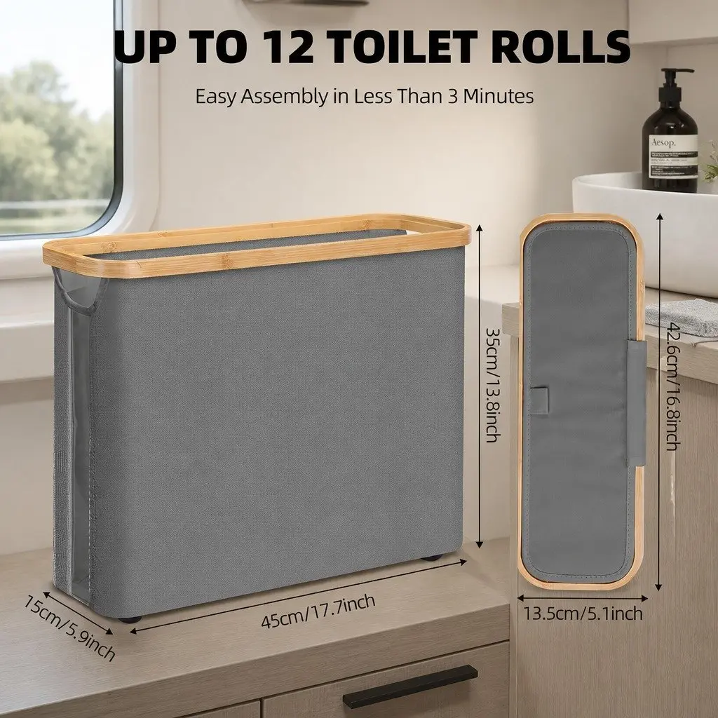 Toilet Paper Storage Basket Oxford Cloth Grey 2 Pack Bamboo Lid Handle