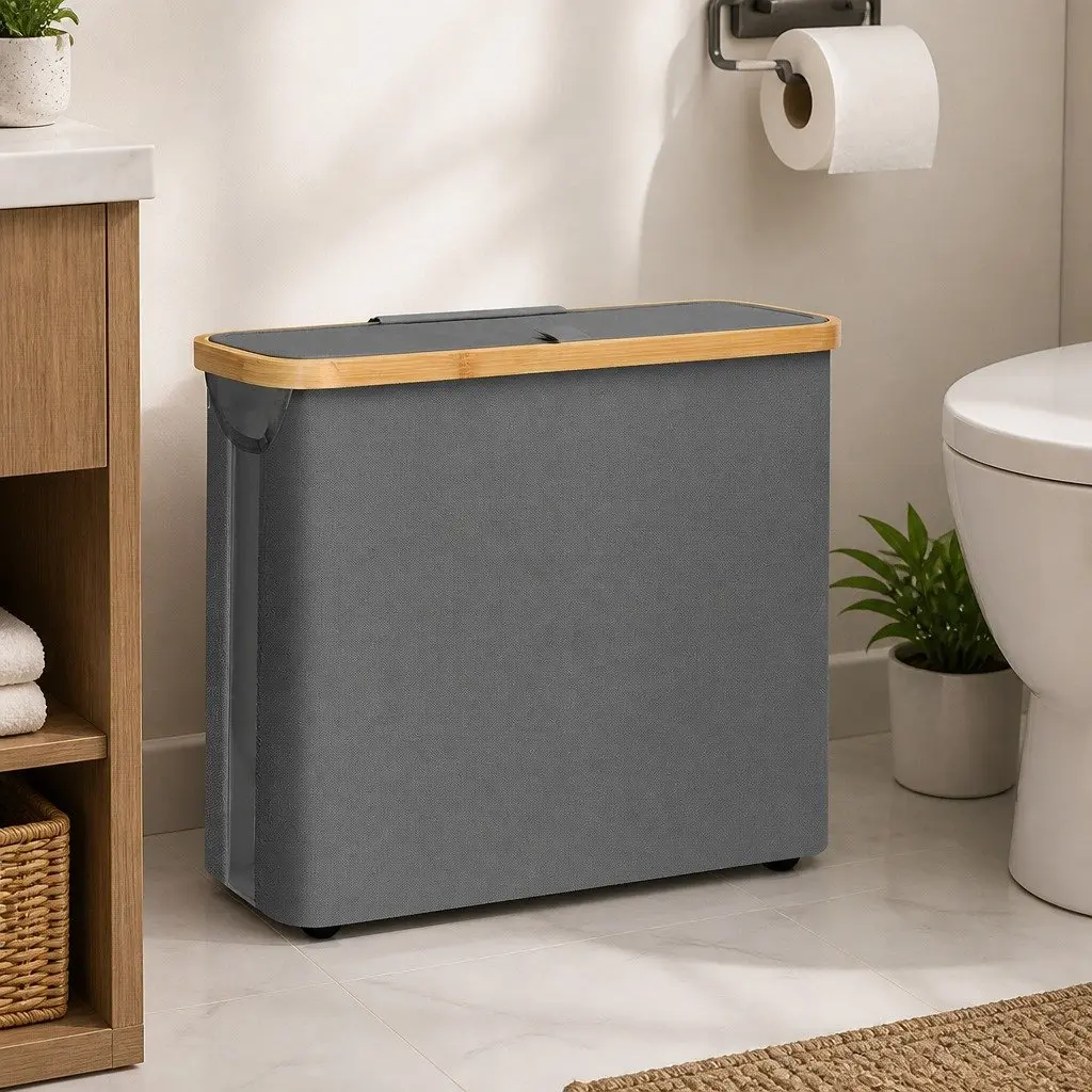 Toilet Paper Storage Basket Oxford Cloth Grey 2 Pack Bamboo Lid Handle