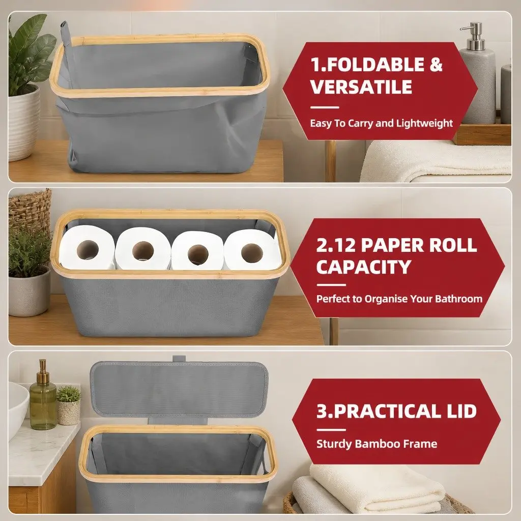 Toilet Paper Storage Basket Oxford Cloth Grey 2 Pack Bamboo Lid Handle