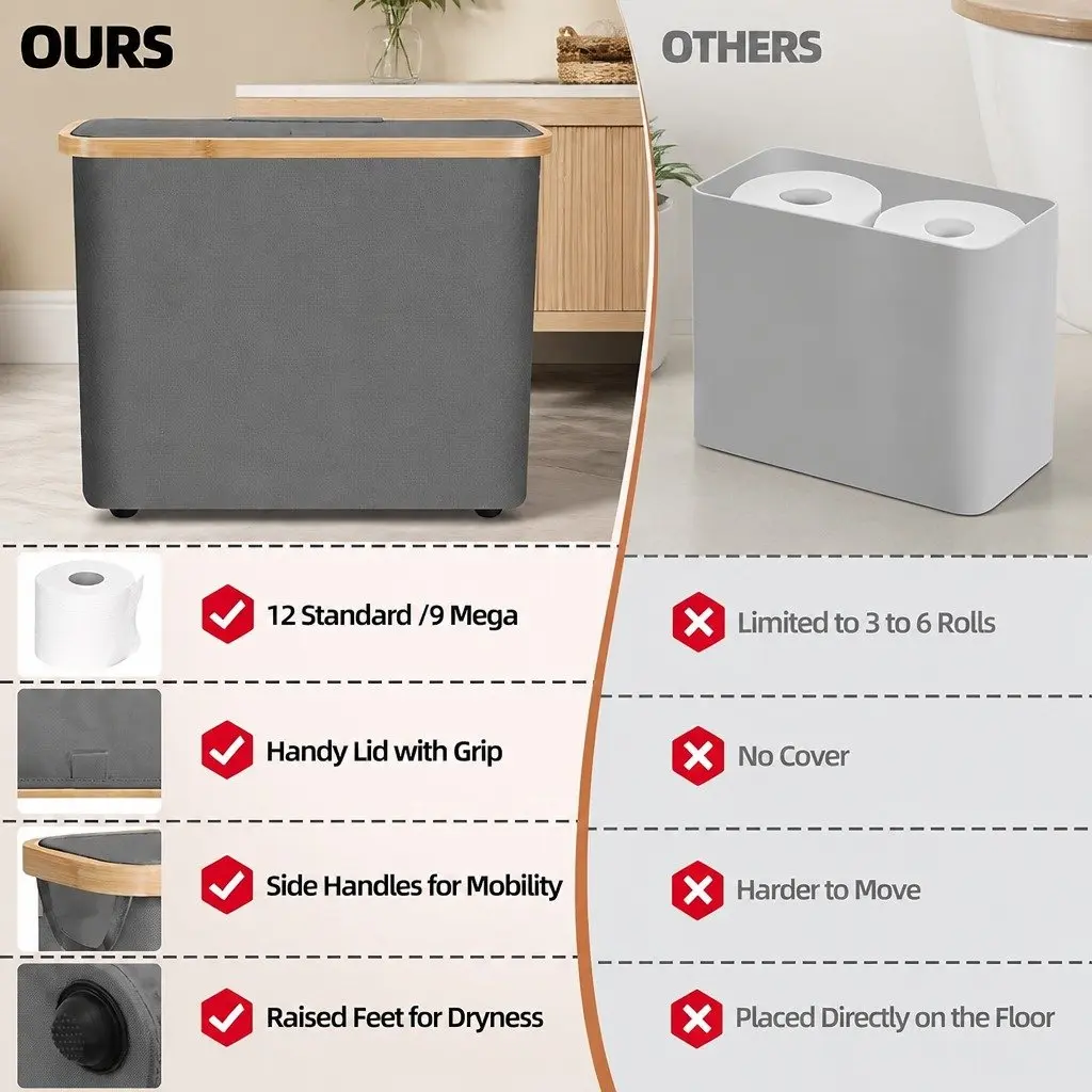 Toilet Paper Storage Basket Oxford Cloth Grey 2 Pack Bamboo Lid Handle