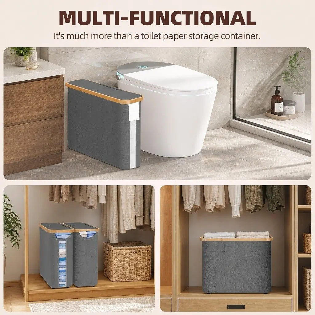 Toilet Paper Storage Basket Oxford Cloth Grey 2 Pack Bamboo Lid Handle