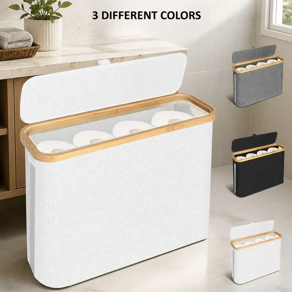 Toilet Paper Storage Basket Oxford Cloth Grey 2 Pack Bamboo Lid Handle