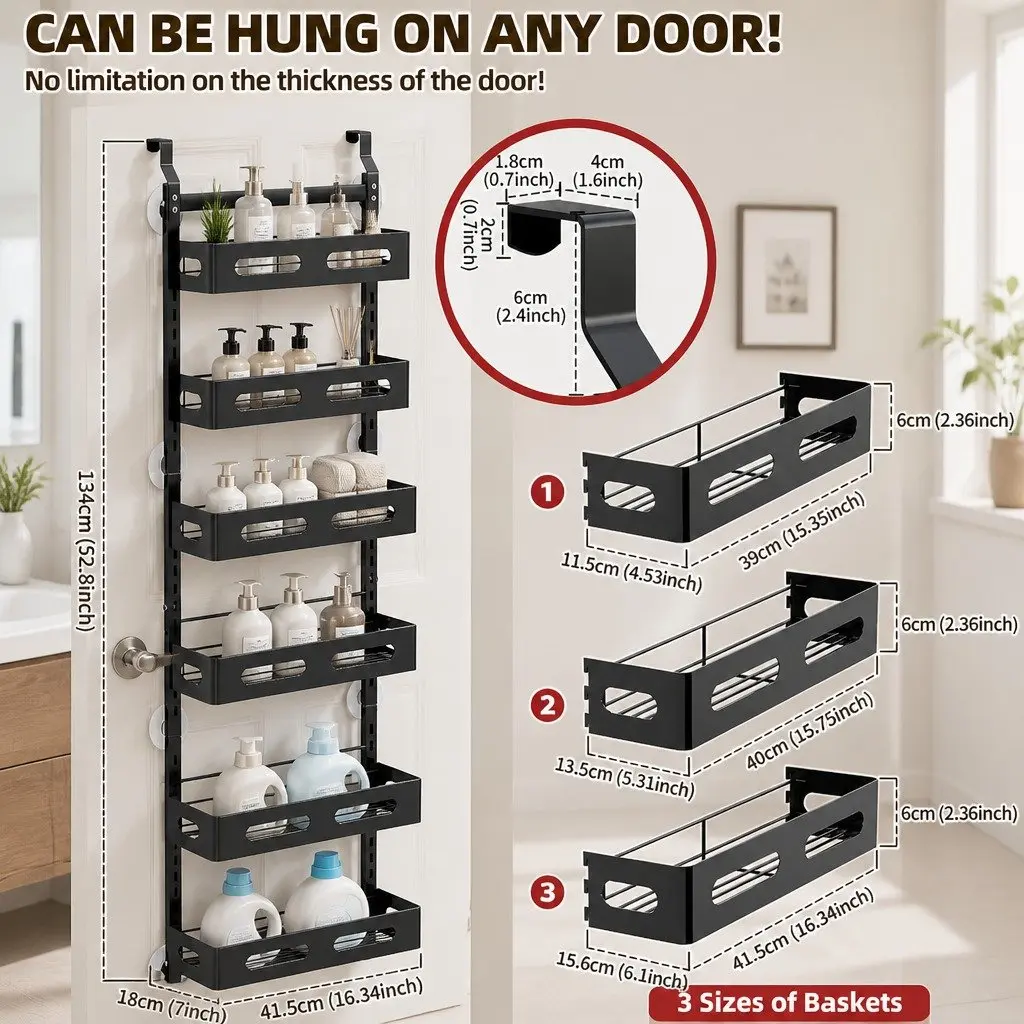 Over the Door Organizer Metal 6 Tier Adjustable Black Storage Rack