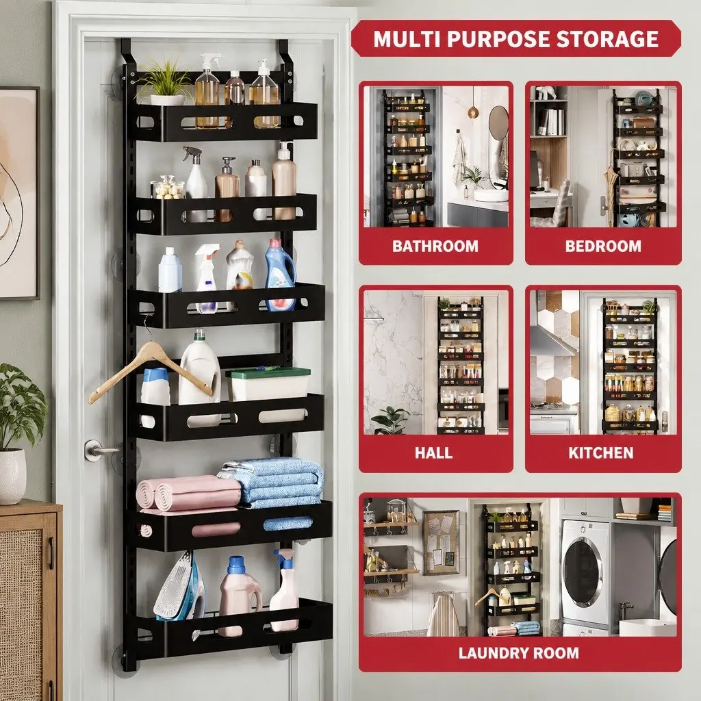 Over the Door Organizer Metal 6 Tier Adjustable Black Storage Rack