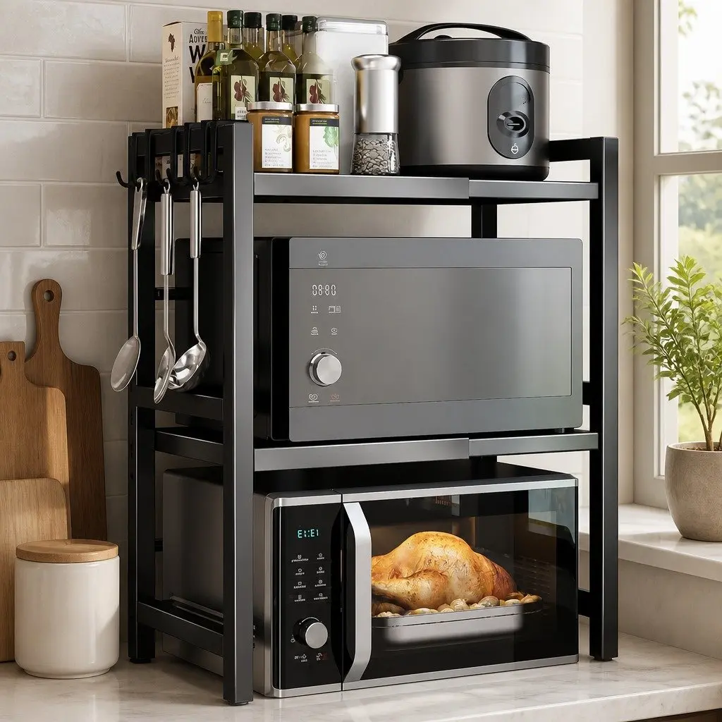 Adjustable Metal Kitchen Shelf Stand 3 Tier Countertop Rack for Microwave Oven Black