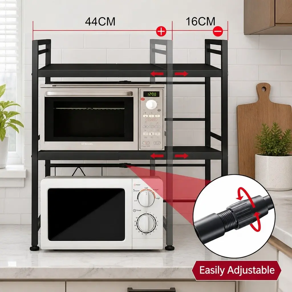 Adjustable Metal Kitchen Shelf Stand 3 Tier Countertop Rack for Microwave Oven Black